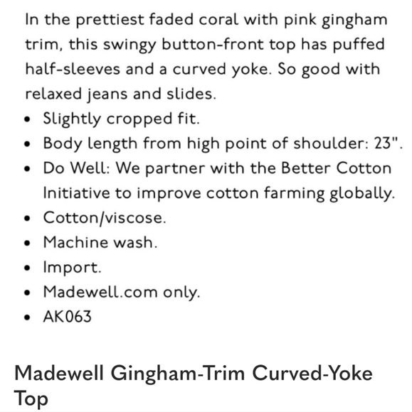 Madewell Gingham trim Curved yoke Top - Picture 9 of 10